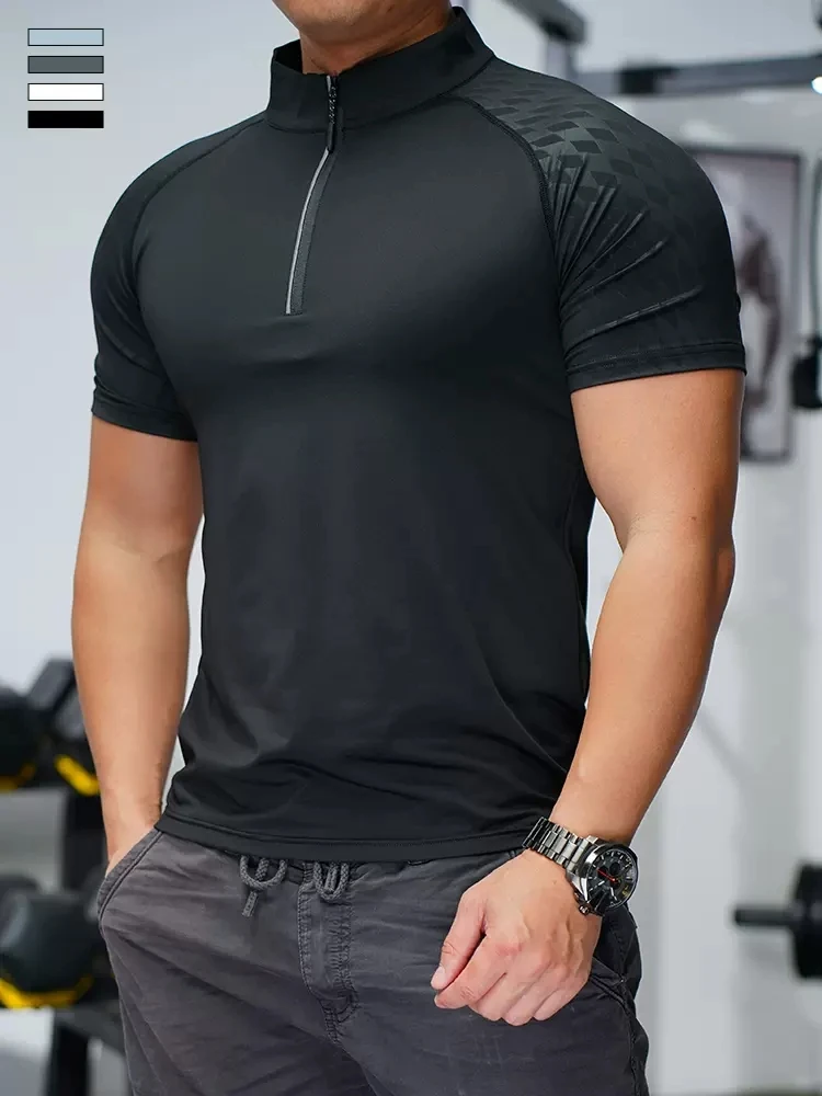 New 2023 Summer Running Gym Men Shirt short Sleeve Tees elastic fit Sports training Fitness Quick dry Zip collar Polo T Shirt