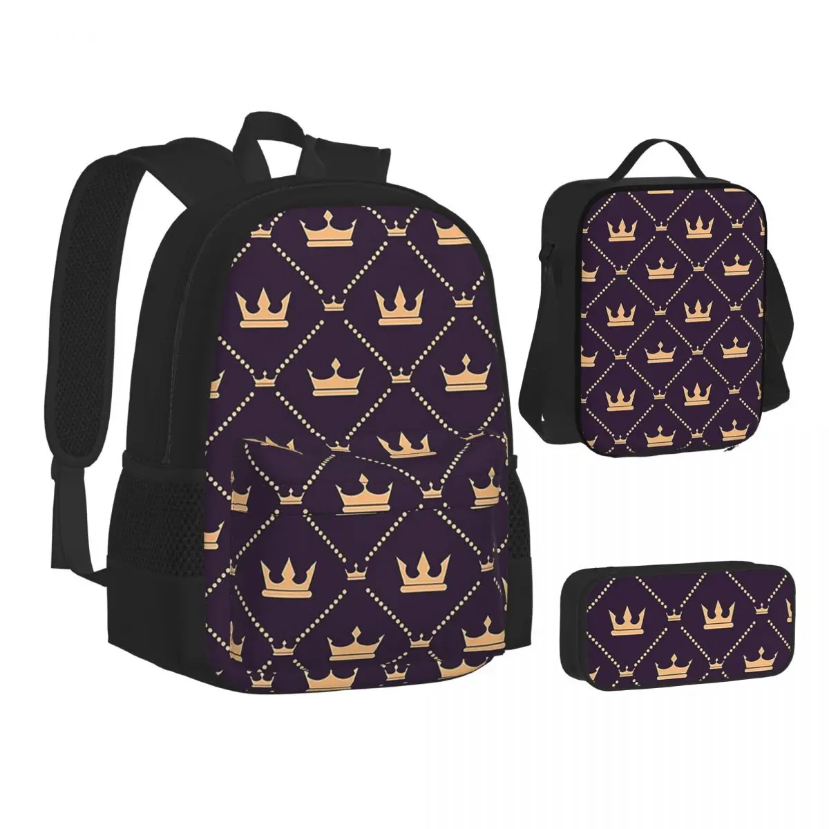 Cute Crown Pattern Backpacks Boys Girls Bookbag School Bags Kids Rucksack Lunch Bag Pen Bag Three-Piece Set