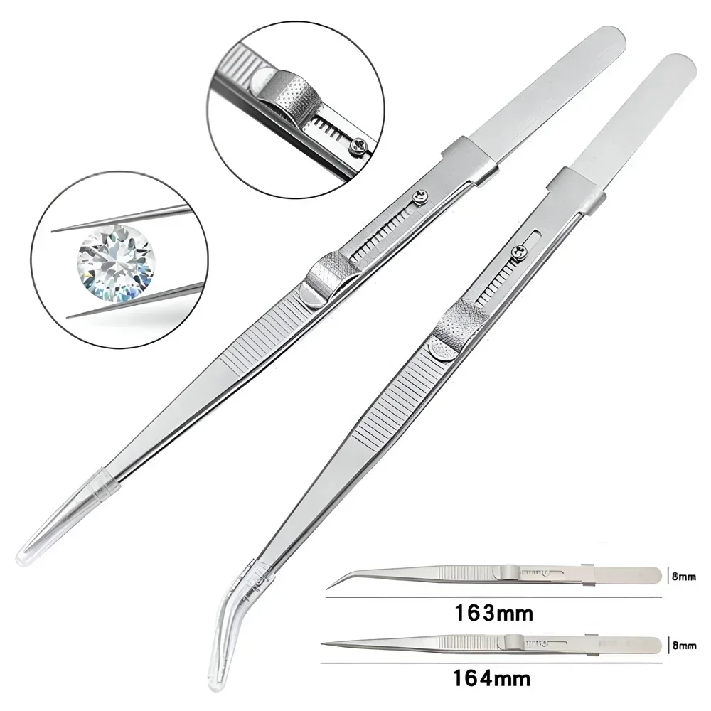 Stainless Steel Jewelry Tweezers 16CM Adjustable Slide Lock Making Precision Tool DIY Diamond Gem Jeweler's Slotted Buckle