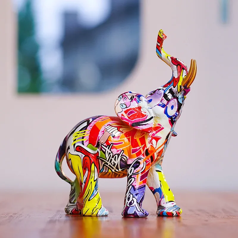 Nordic Painting Graffiti Elephant Sculpture Figurine Art Ornaments Colorful Statue Creative Resin Crafts Home Decoration Gift
