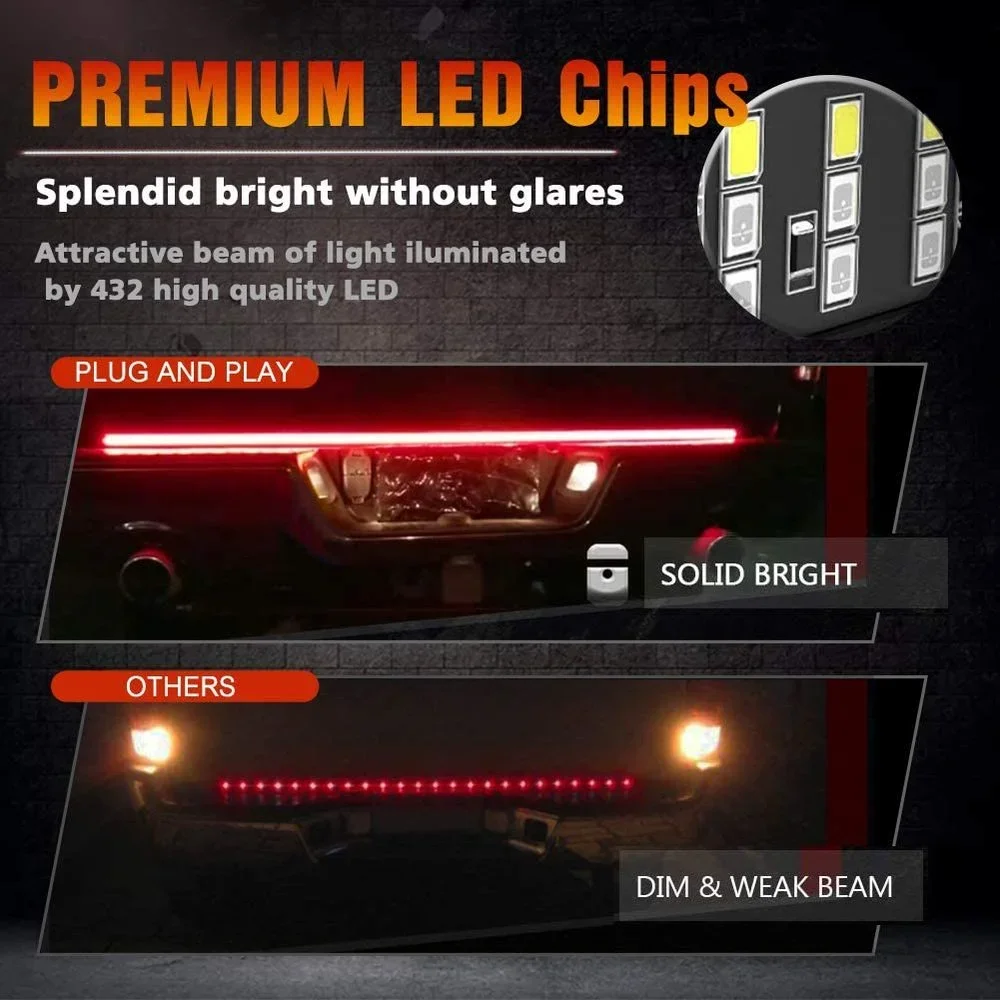 12V 48/60 Inch Car Brake Turn Light Warning Signal Flexible LED Strip Rear Tail Running Reverse Double Flash Lights Red