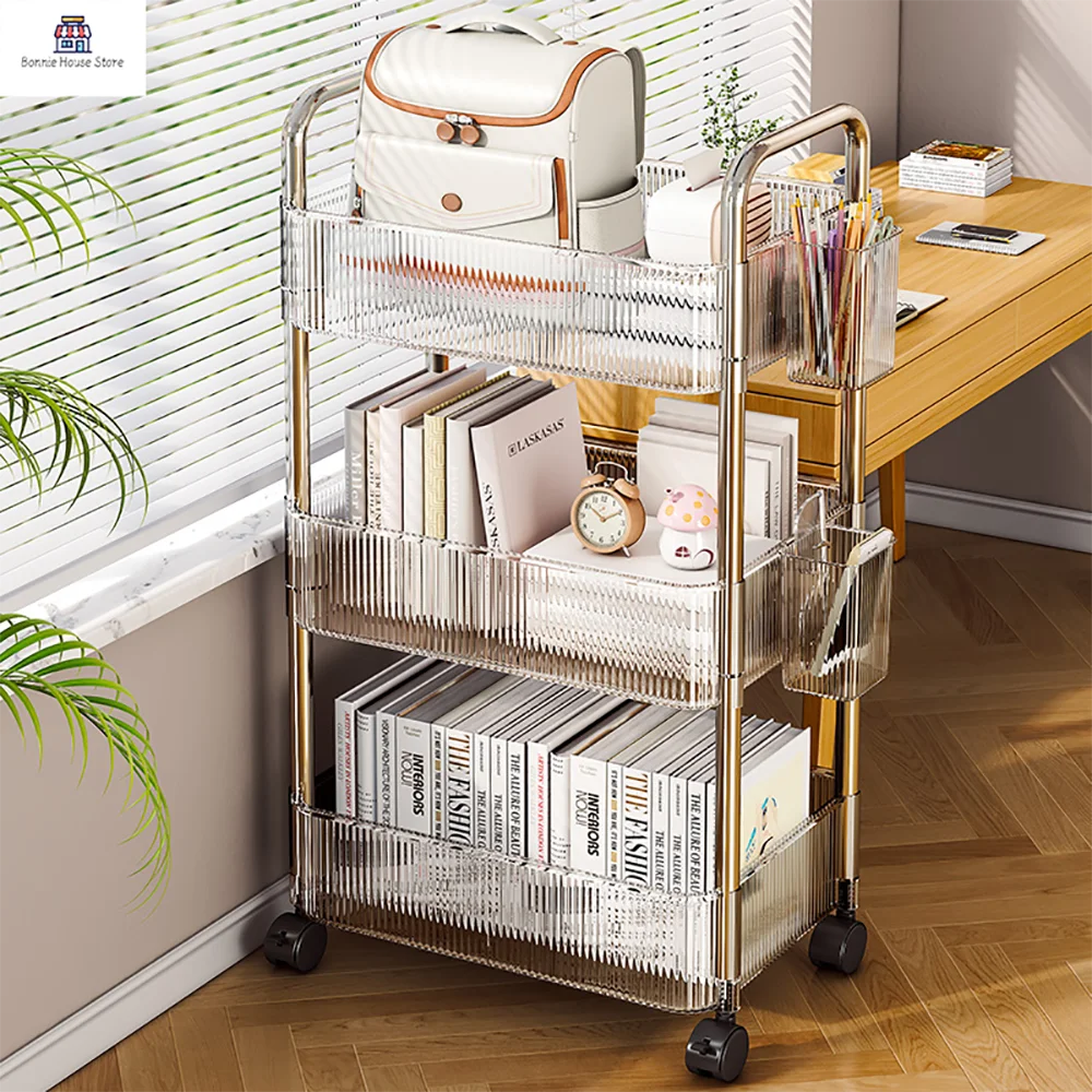 2/3 Tiers Bookshelf Trolley Storage Rack Acrylic Removable Transparent Mobile Shelf With Wheels Bedroom Cart Snacks Shelf