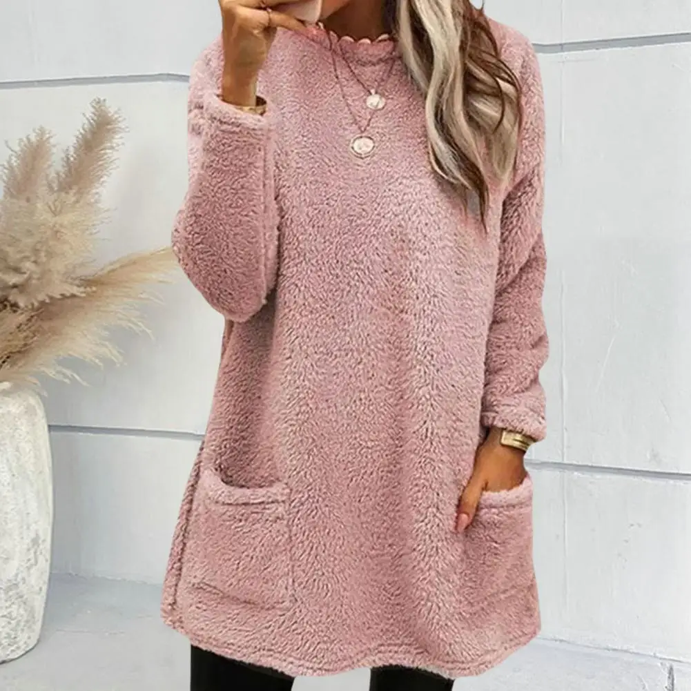 Sudadera de cuello medio alto para mujer, Sudadera de felpa cálida con bolsillos, Top acogedor de invierno, Top térmico