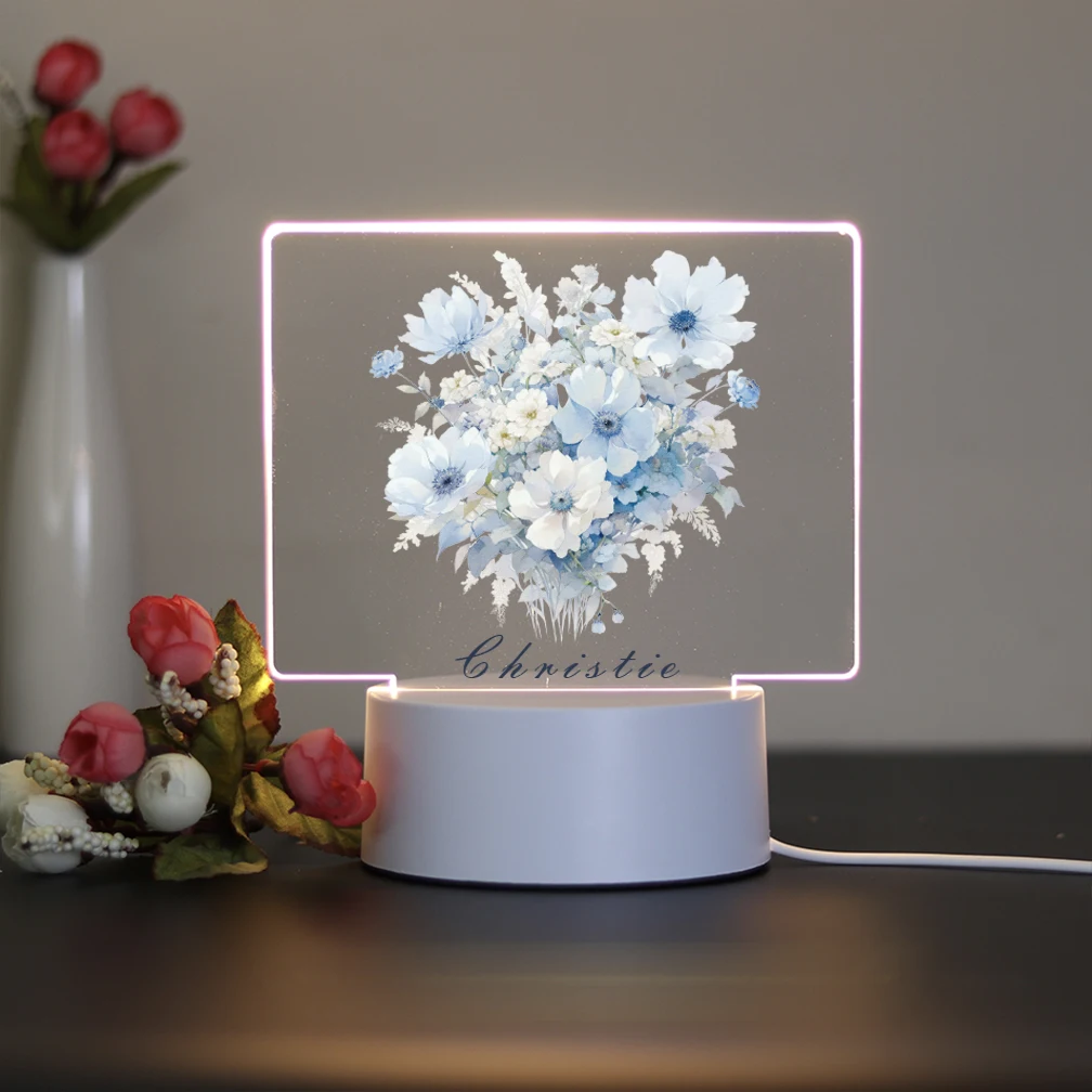 1 personalized night light blue flower 3D Visual Design for Home Bedroom Home Christmas New Year Birthday Gift