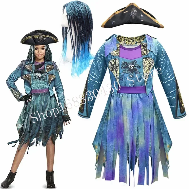 Descendants 3 Mal Bertha Maleficent Curls Live Evil Straight Blue Kids Girls Cosplay Cap Dress Halloween Costume For Kids Wig