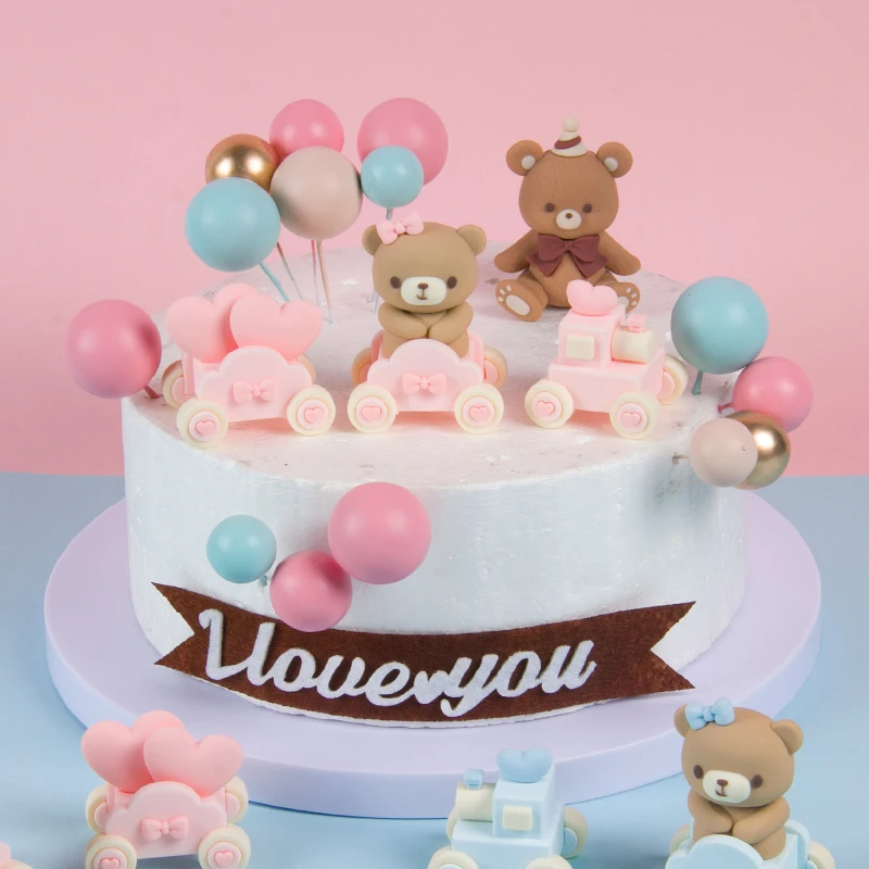 Decoración Para tarta de cumpleaños, muñecos de tren de oso con lazo rosa y azul, decoración para tarta de bebé, niño y niña, adornos para tarta de