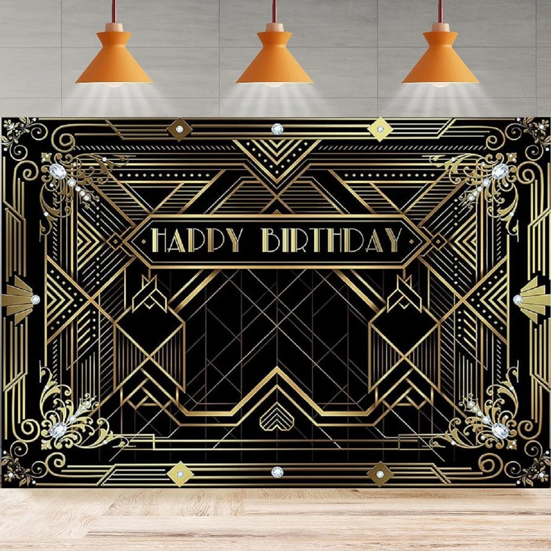 

Great Gatsby Photography Backdrop Party Roaring 1920s Black And Gold Luxury Happy Birthday Background Wall Home Decor Banner