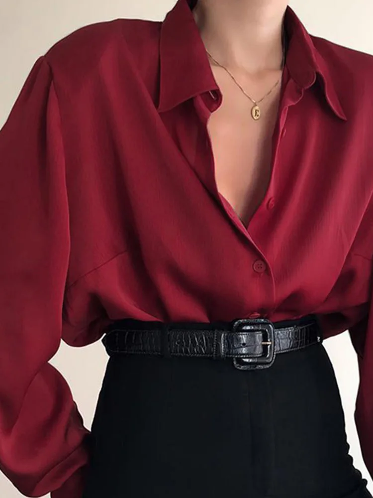 Bluzki damskie z guzikami Koszule z kołnierzykiem Office Lady Długi rękaw Casual Blouse Loose OL Shirt Baggy Tops Red/Wine Red/Black