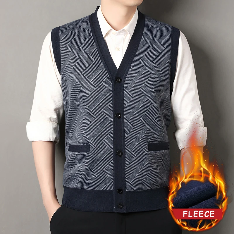 Mens Sleeveless Vest V Neck Button Down CardiganVests Knitted Suit Vest Dad's Argyle Vest with Pocket