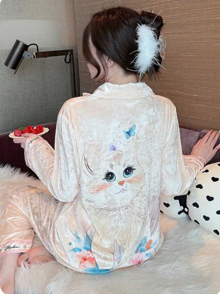 حجم كبير الحلو الكرتون القط منامة المرأة الشتاء الربيع الذهبي المخملية المتسكعون لينة الكورية المخملية الشعر السراويل ملابس المنزل