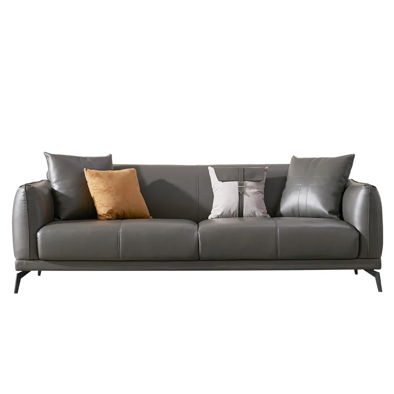 

Three people, sofa, leather, Italian, minimalist, straight row, small apartment, gray.