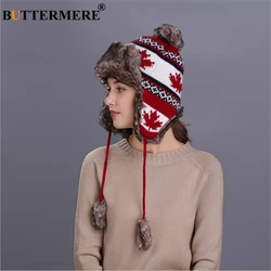 BUTTERMERE Red Russian Ushanka Hat Female Winter Warm Earflaps Fur Bomber Hats Caps Women Maple Leaf Christmas Beanies Pompom