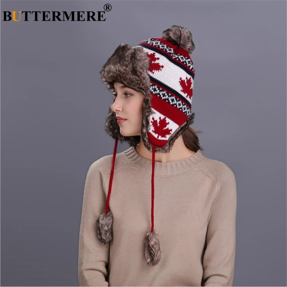 BUTTERMERE Red Russian Ushanka Hat Female Winter Warm Earflaps Fur Bomber Hats Caps Women Maple Leaf Christmas Beanies Pompom