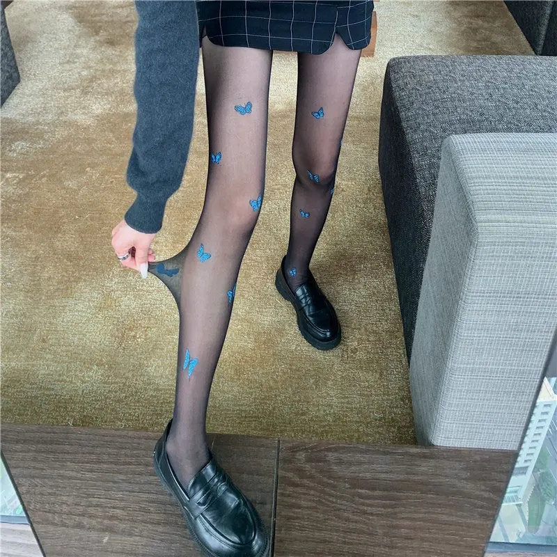 

Sexy Black Butterfly Letters Stockings Lolita Pistol English Japanese Pantyhose Y2K Nylon Ultra-thin Female Legging Long Socks