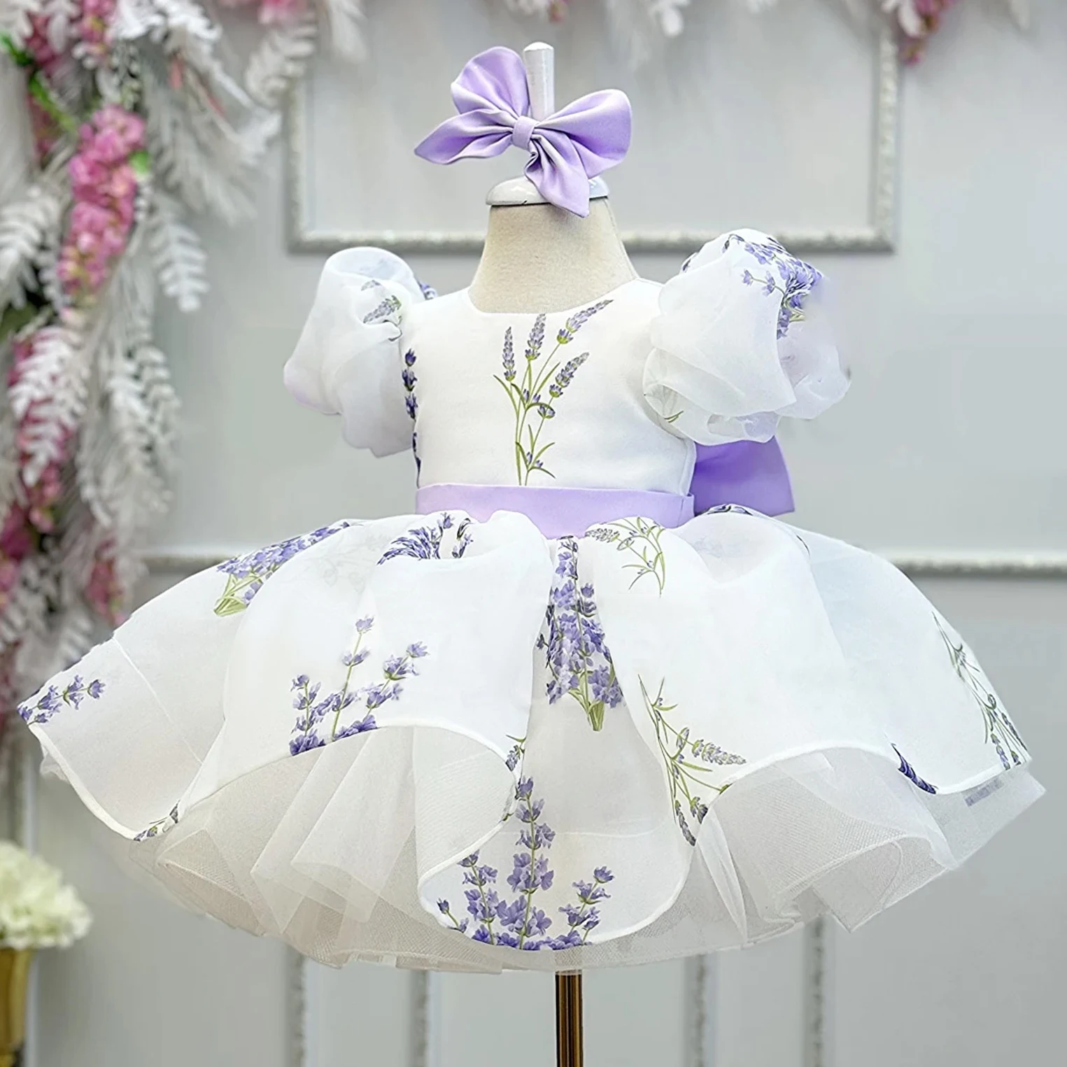 Elegant Flower Print Party Baby Girl Dress Toddler Baptism Bridesmaid Kids Clothing Bow 1st Birthday Wedding Prom Dress Costumes