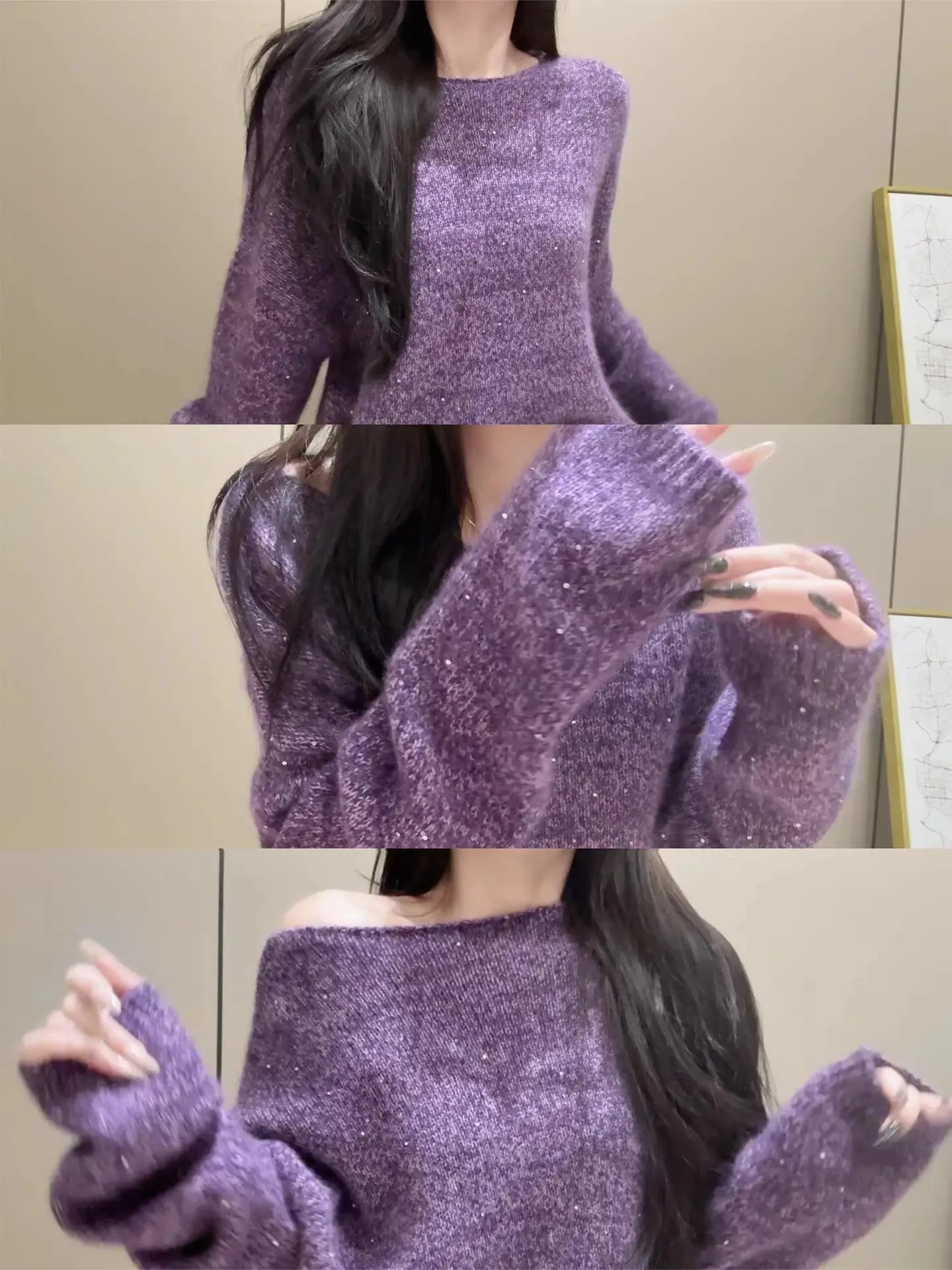 

Lush Purple One-Shoulder Knitted Sweater Women's Autumn Winter Soft Cozy Overhead Top Unique Comfortable Loose Fit Long Sleeve
