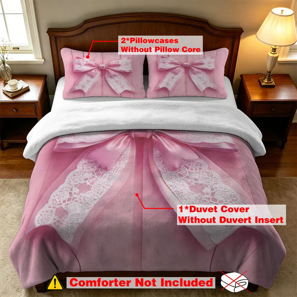 Pink Lace Bow Knot Print Milk Velvet Duvet Cover Set 3 Piece Coquette Soft Flannel Bedding Set Girls Bedroom Decor
