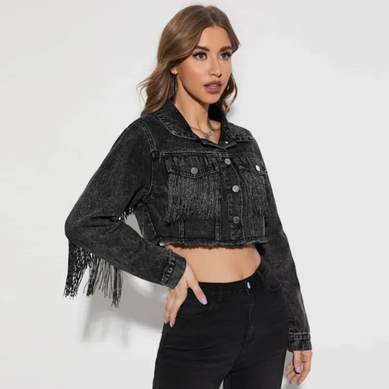 Cowboy Jacket Women's Fashion Tassel Stitching Sexy Ripped Denim Coat Retro Casual Short Long Sleeve Streetwear Jean Jacket