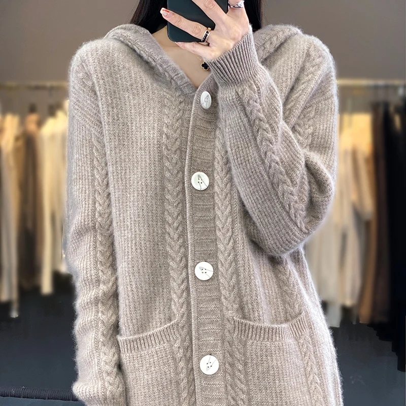 Autumn/Winter Thick Knitted Coat 100% Merino Wool Clothing Top Women\'s Fashion Korean Casual Twisted Hooded Cardigan Warm Jacket