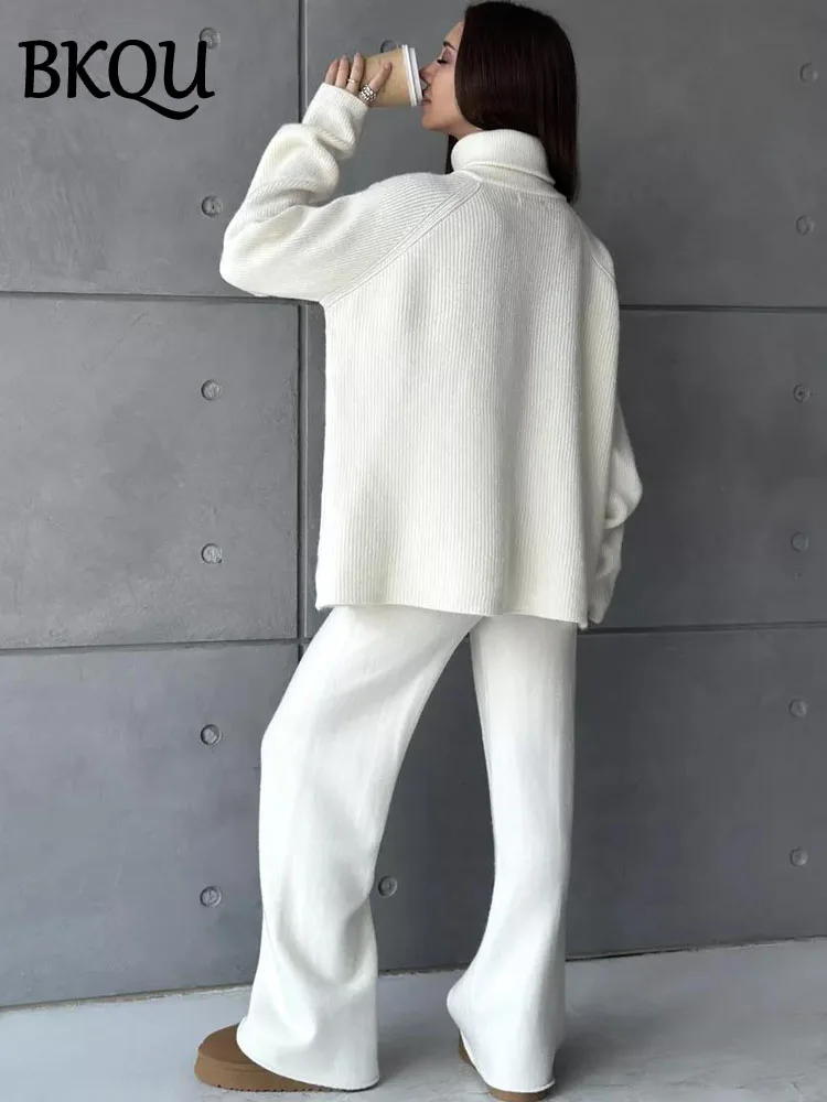 BKQU Dolcevita Maglione con cerniera Pantaloni lavorati a maglia Set da due pezzi Donna Autunno Inverno Casual Pullover caldo Tute elastiche a gamba larga