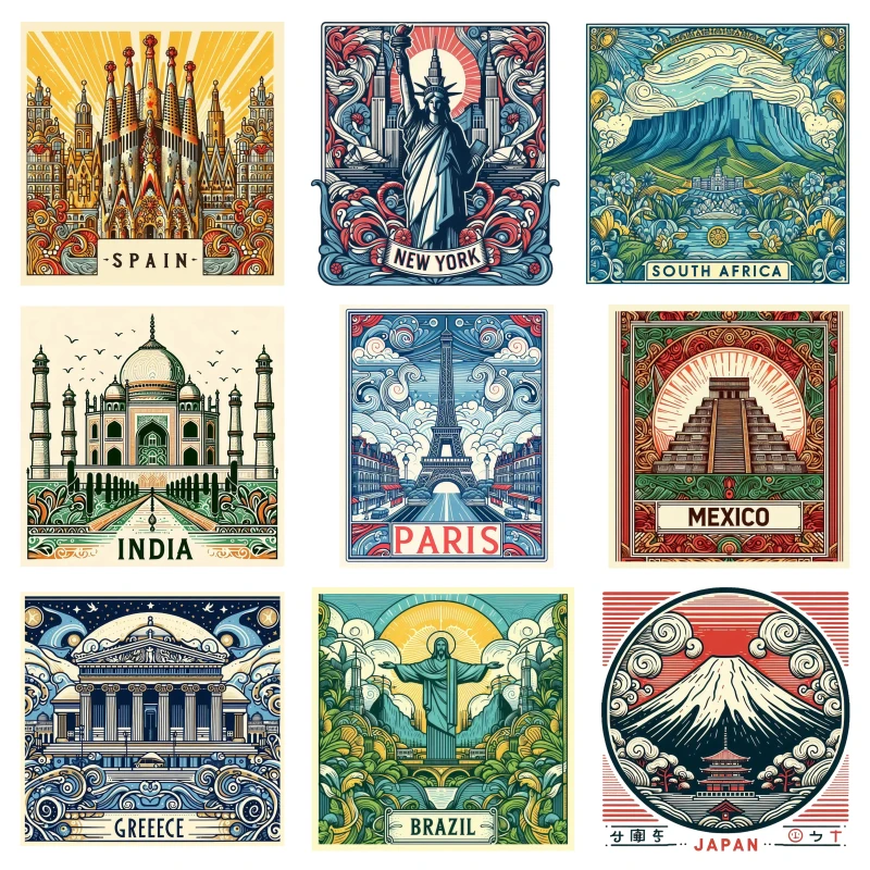 25cm nuevo arte cartel de viaje dibujos animados París México ciudad ropa impresión DTF transferencia de calor pegatinas de impresión DIY ropa termoadhesiva