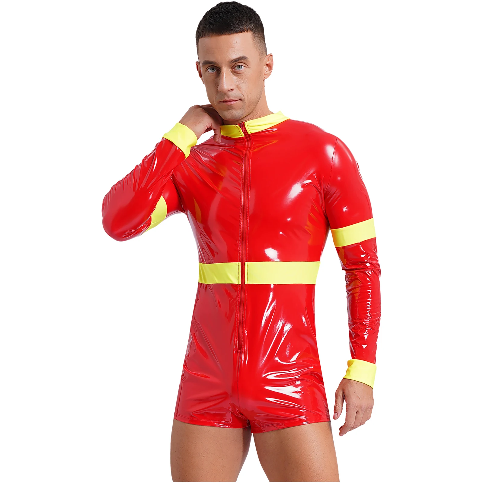 Mens Sexy Firefighter Costume Wet Look Leather Long Sleeve Bodysuits Shorts Rompers Fireman Cosplay Uniforms Outfits Clubwear