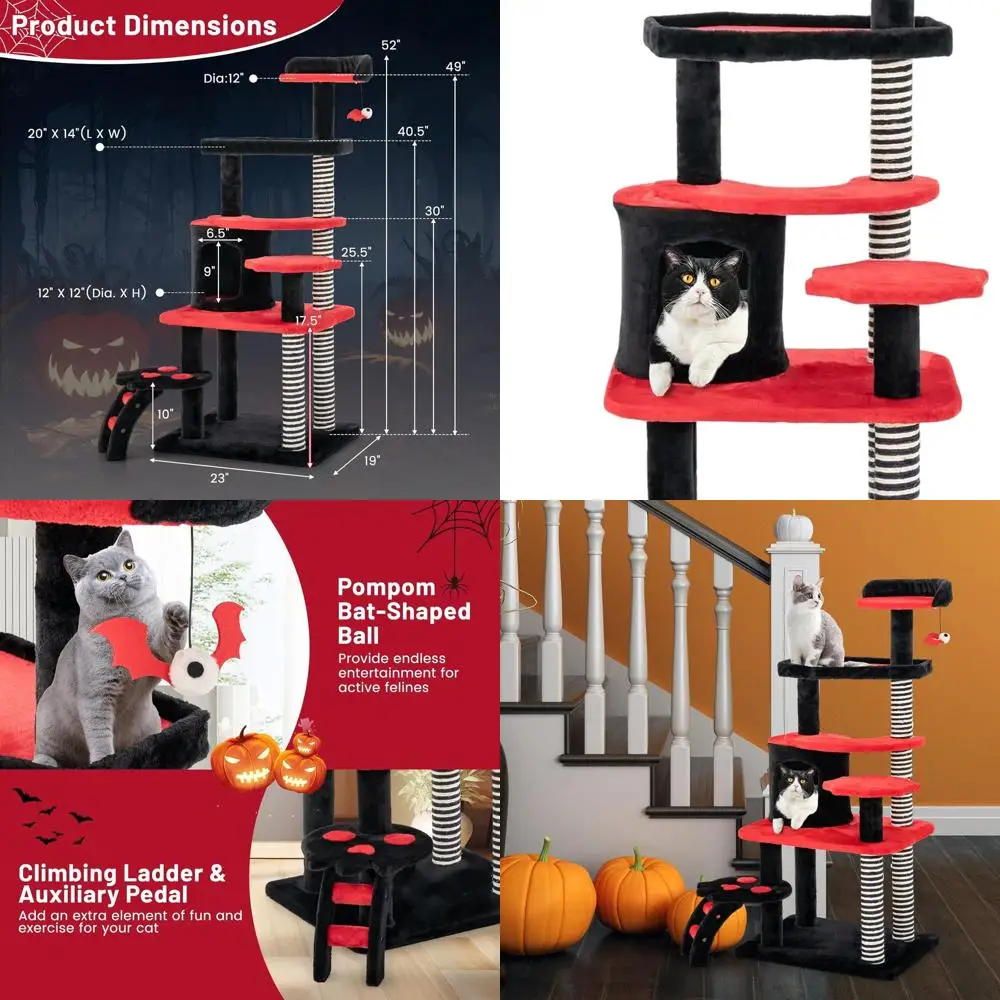 

6-Tier Gothic-Style Cat Tower: 52 Sisal Scratch Post, Coffin Bed, Condo, Ladder, Bat Ball for Indoor Cats