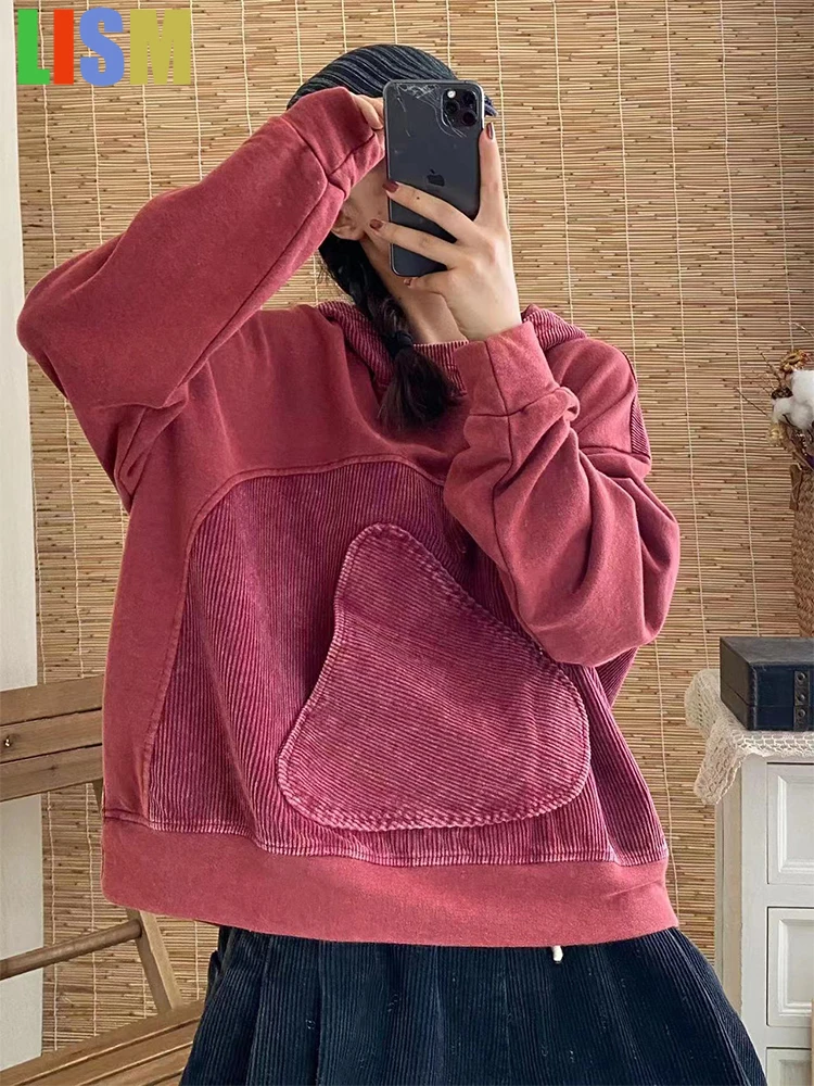 

LISM women's winter clothes y2k hoodies sweatshirt 2025 Casual Loose Hooded Corduroy Sweatshirts Classic Patchwork Clothes