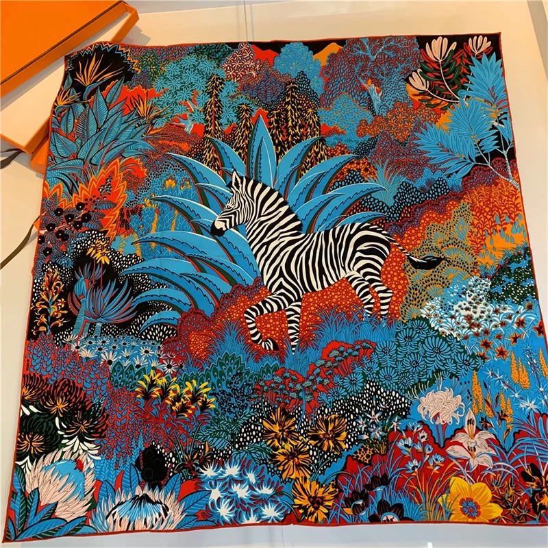 Zebra Foulards Twill Silk Square Scarf Women Shawl Brand Hijab Scarf Design Bandana Manual Hand Rolled Hem Head Scarves 90CM