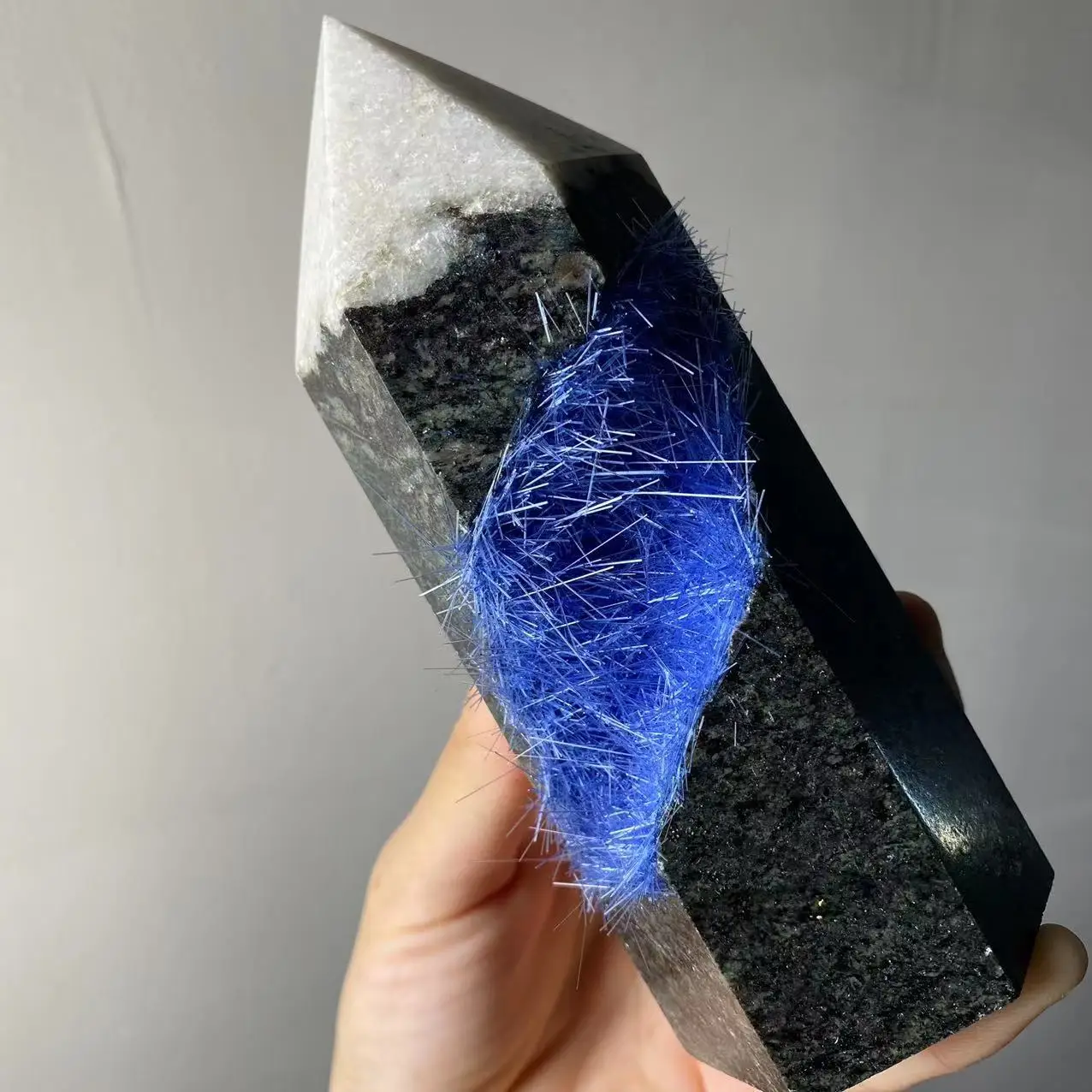 Natural Blue Hair Crystal Goethite, Six-Sided Tower, Room Office Decoration, Gifts, Reiki Healing,