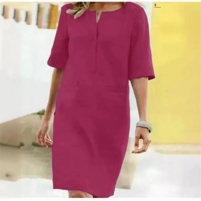 Vintage Women‘s Large Loose Dress Autumn Solid Cotton Linen O Neck Short Sleeve Pocket Button Dress Vestidos Elegant Mujer Women