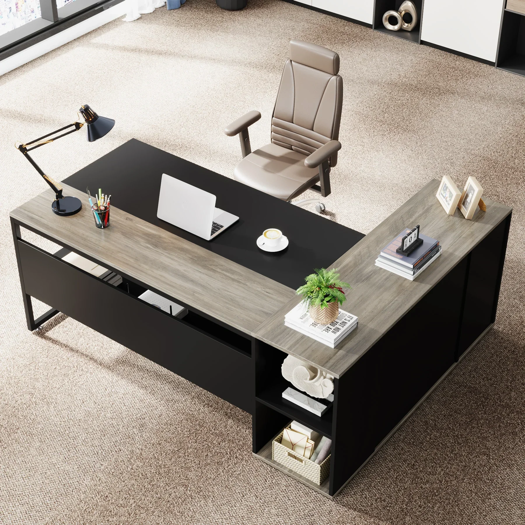 Tribesigns 71 inch Executive Desk, L Shaped Desk with Cabinet Storage, Executive Office Desk with Shelves, Business Furniture