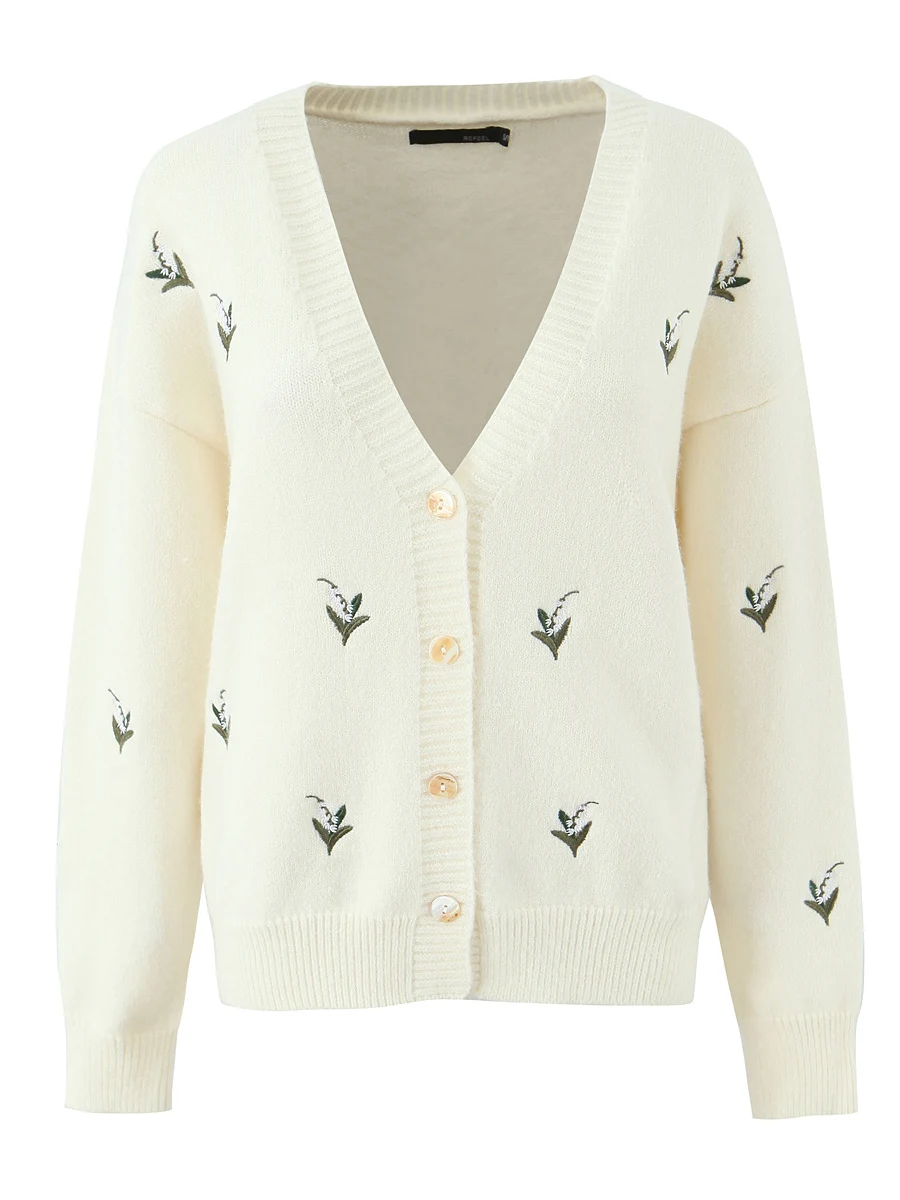 

Милый вязаный открытый кардиган с v-образным вышивкой, женский осенне-зимний свободный утягивающий универсальный свитер, топ-джат