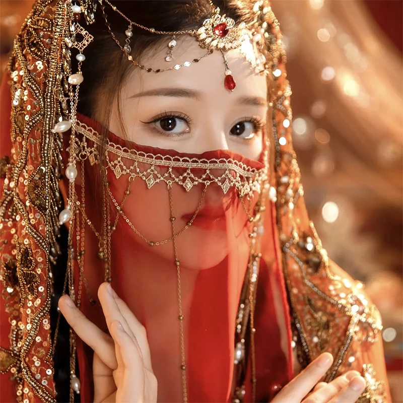 W starożytnym chińskim stylu dzwon z chwostem Hanfu welon na twarz osłona przeciwsłoneczna twarz Hanfu welon na twarz kostiumowa maska Cosplay