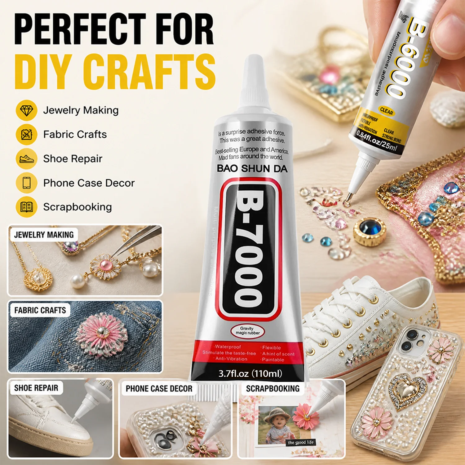 6PCS 15/25/110mL B-7000 strong glue, waterproof and odorless, transparent, suitable for hand-made, DIY mobile phone case, etc.