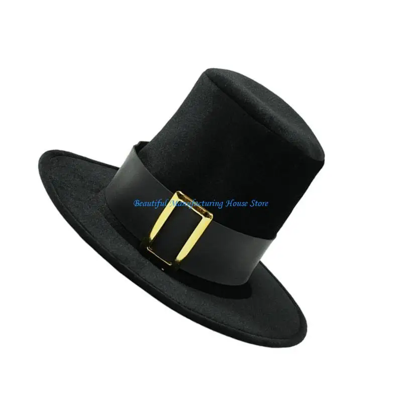 E56A Stylish Black Tall Hat with Gold Buckles Ribbon for Victorian Costume Event Halloween Party Gathering Dressingup Headwear