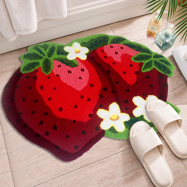 Cute Strawberry Embroidery Art Rug for Children's Room Slip Resistant Mat for Home Decor Area Carpet Anti-slip Bathtub Side Rugs