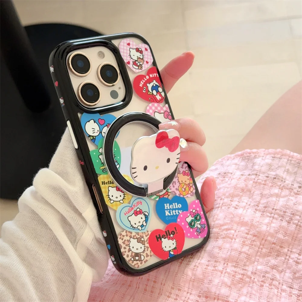 

Kawaii new Hellokitty magnetic holder phone case for iPhone 13 14 15 16 17 Pro Max cover with Magsafe stand cute protective case