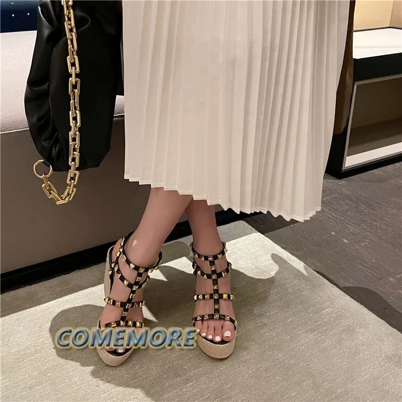 Wedge Heels Woman’s Luxury Designer Rivet Sandals Open Toe Ankle Buckle Strap Fashion Ladies Platform Casual Shoes Summer Roman