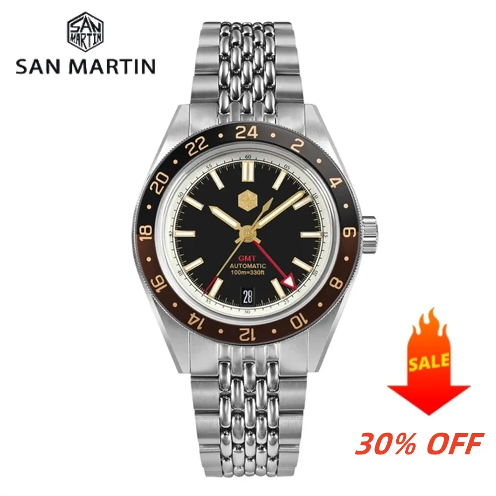 San Martin New 39.5mm NH34 GMT Men Watch Bidirectional Aluminum Bezel Luxury Automatic Mechanical Sapphire 10Bar Luminous SN0116