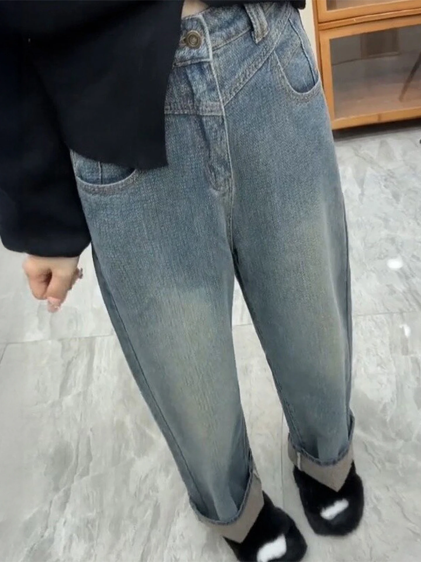 

Retro American Wheat Ear Straight Leg Denim Jeans High Waist Cover Hip Slim Wide Leg Long Pants for plus Size Women Autumn Ne...