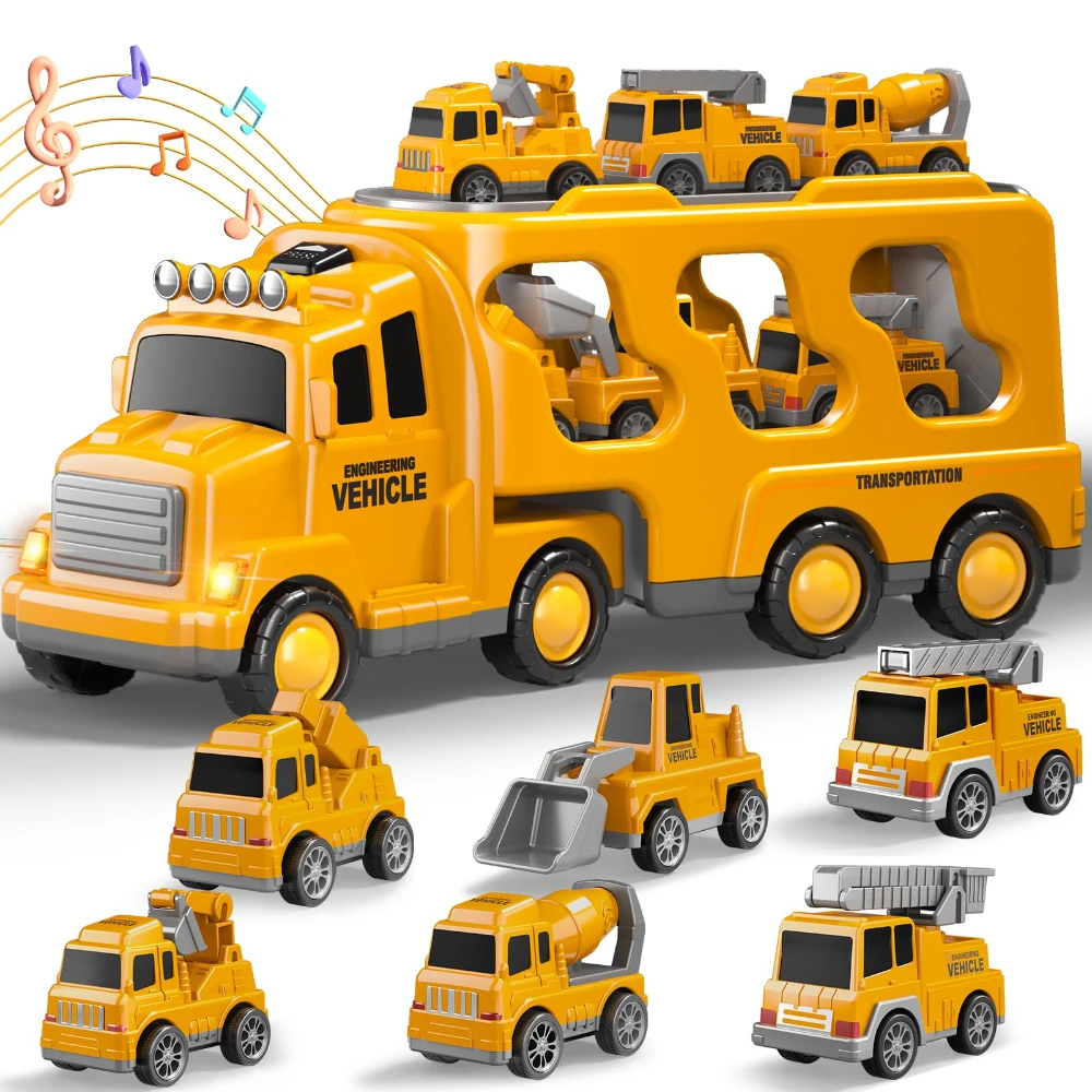 WizKidz 7 em 1 caminhões de construção carros brinquedos para crianças menino carro caminhão brinquedos com som leve presentes de aniversário para 3 + anos de idade menino