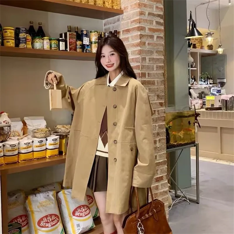 

2025 New Women's Windbreaker Korean Style Lace Spliced Trench Coat Spring Autumn Beautiful Casual Single Breasted Coat Outerwear