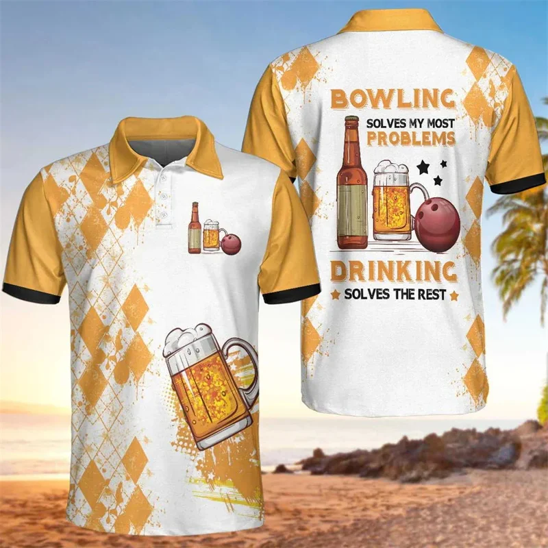 3D Print Bowling Ball Polo Shirts For Men Ninepins Player Pattern Short Sleeves Fashion Casual Sport Street Tops Oversized Tees