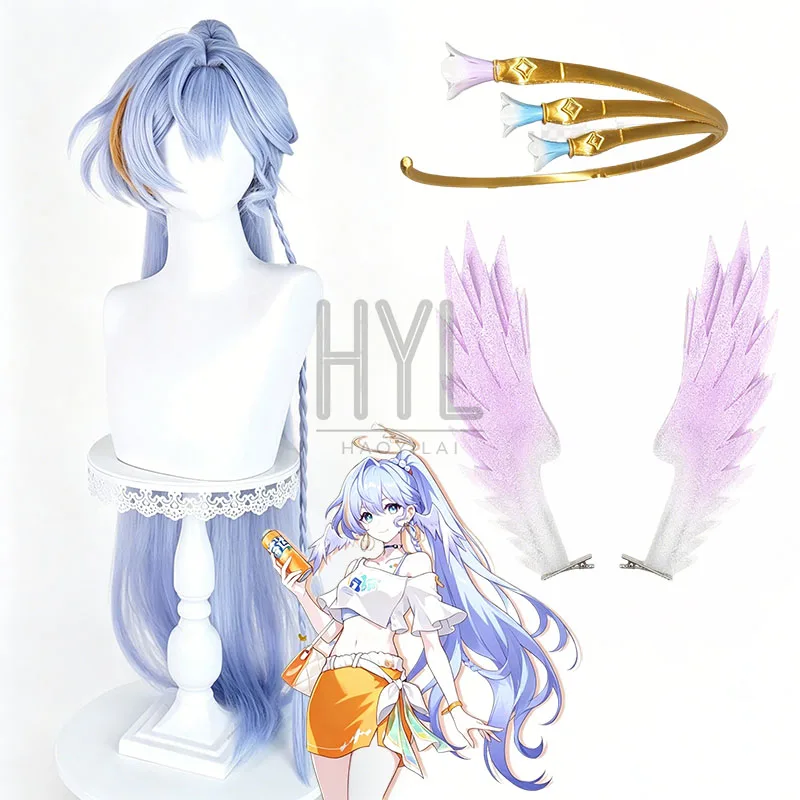 Game Honkai: Star Rail Robin Cosplay Wig Collab Item Blue Long Synthetic Hair Wings For Women Men Halloween Costume Party Props