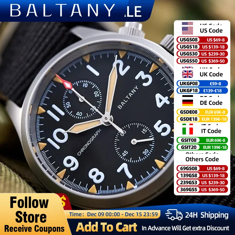 Baltany Pilot Chronograph Quartz Watch for Men Stainless Steel 39mm Case Fabric Strap 100mWaterproof VK61 Vintage Military Style