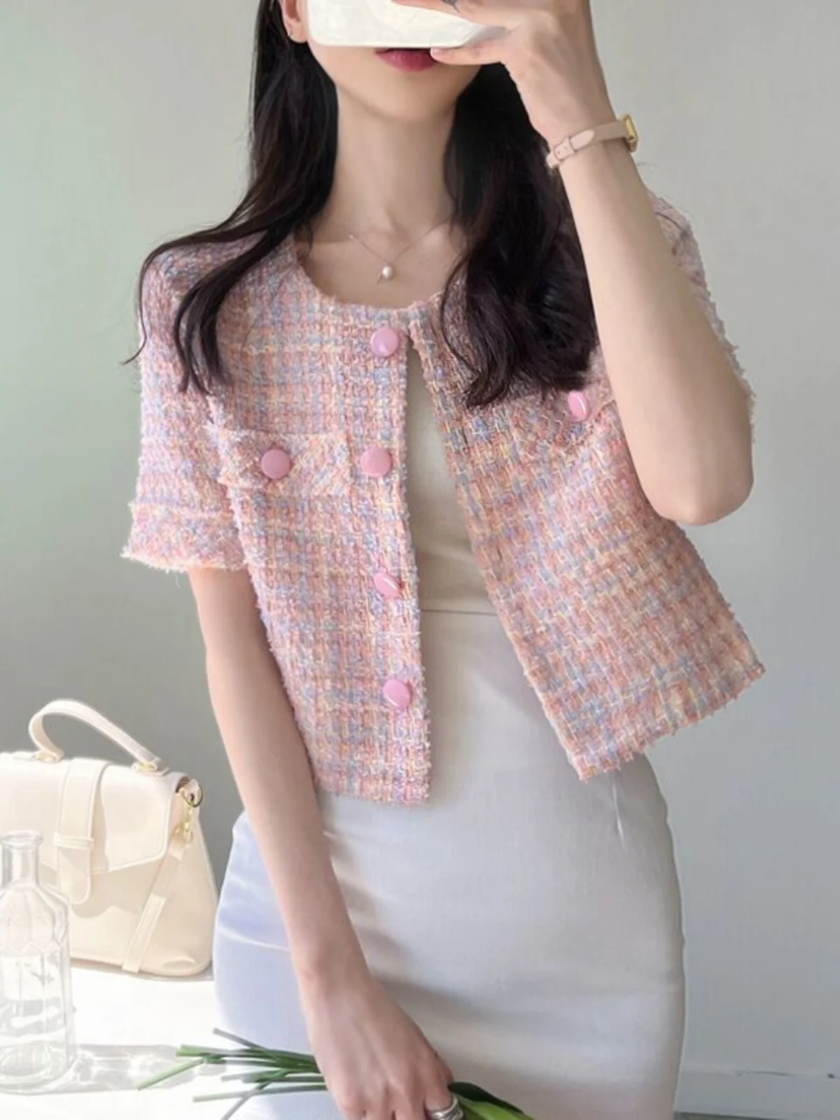 Ele ort Sve Jaet da donna Estate 2023 Design Sensation angFeng Sle round Ne Button up Capispalla