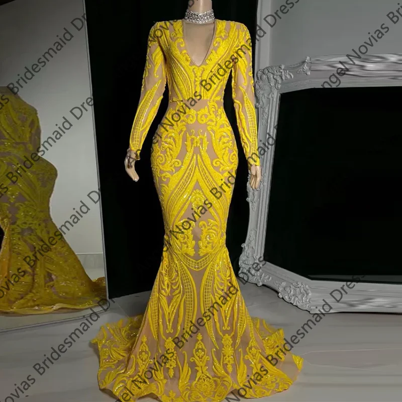 

Long Sleeves Mermaid Yellow Prom Dressses 2025 Vestidos De Fiesta Elegantes Graduation Evening Party Dresses Customized