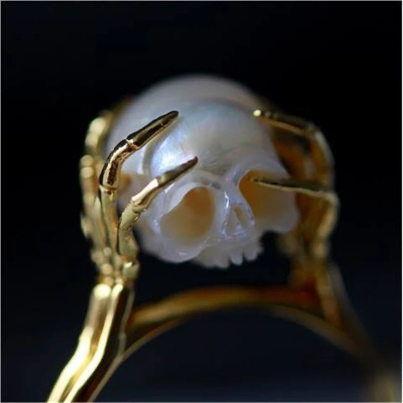 

European and American Delicate Fashion Gothic Rock Party Personalized Fun Headache Two Tone Color Imitation Pearl Skeleton Ring