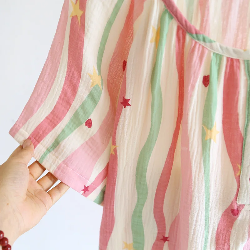 2025 nova saia de dormir feminina 100% algodão crepe fina casa saia conjunto cabeça listrado saia vestido verão bonito e doce senhoras